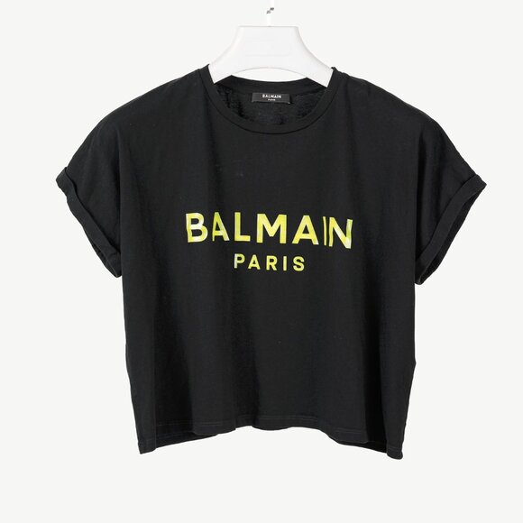 Balmain Black Cotton Cropped Lime-Logo-Print T-Shirt - Picture 1 of 9